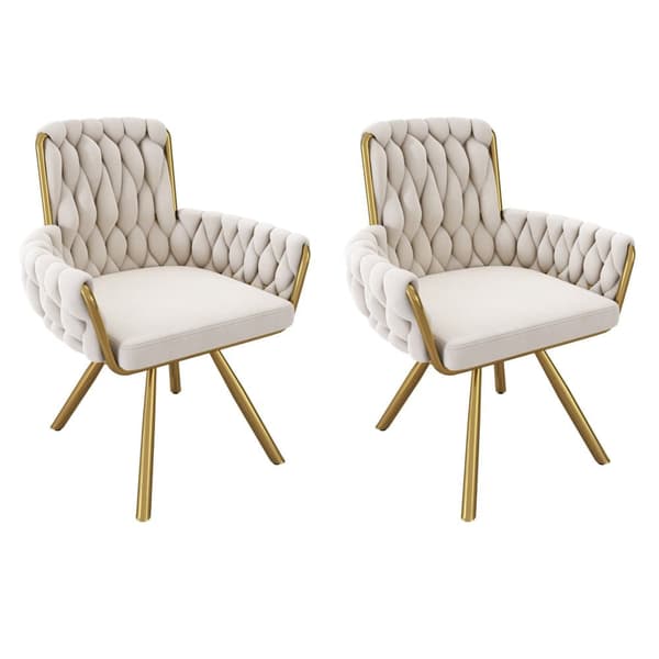 Sæt med 2 fløjlsstole med armlæn - gyldne metalben - beige