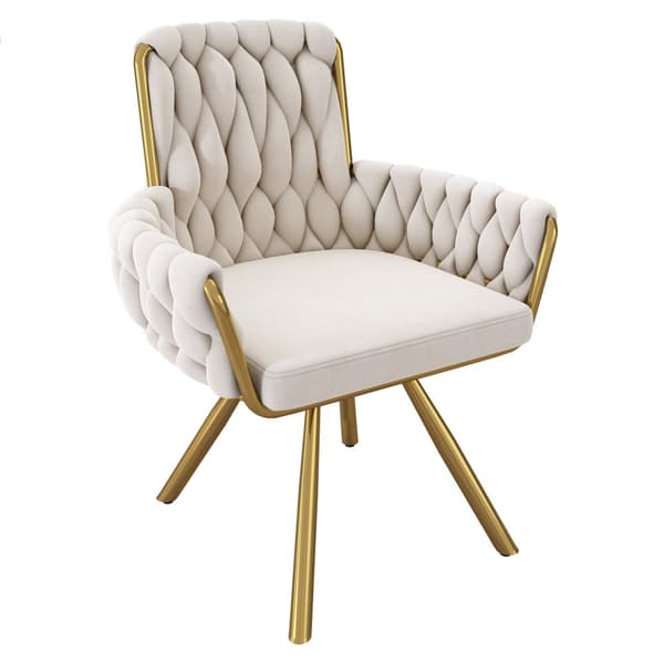 Sæt med 2 fløjlsstole med armlæn - gyldne metalben - beige