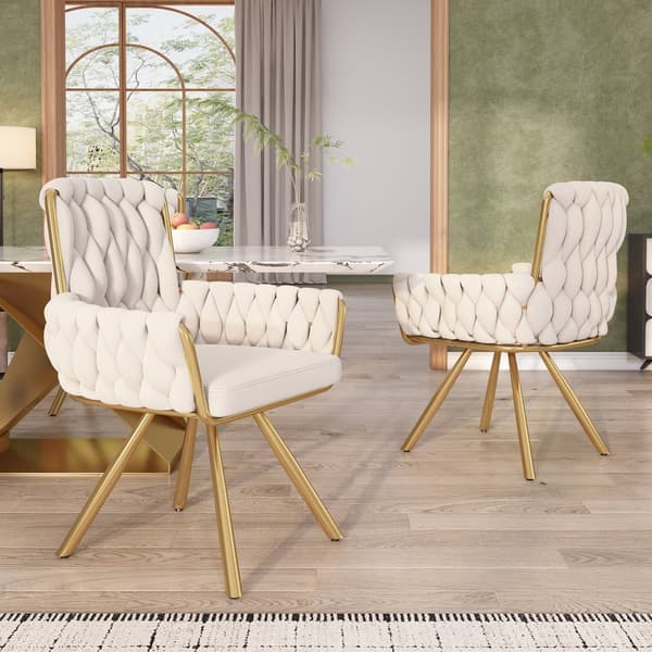 Sæt med 2 fløjlsstole med armlæn - gyldne metalben - beige