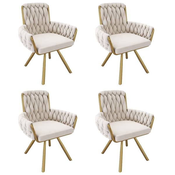 Sæt med 4 fløjlsstole med armlæn - gyldne metalben - beige