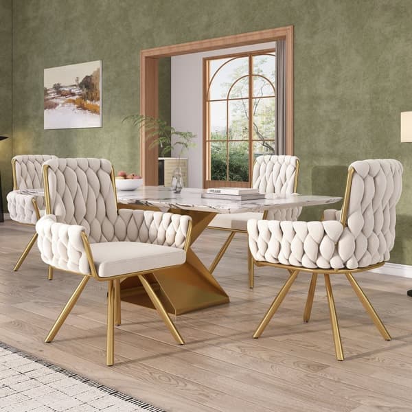Sæt med 4 fløjlsstole med armlæn - gyldne metalben - beige