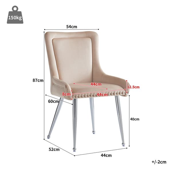 Beige högkvalitativa matstolar i sammet, 2 stolar, fåfänga stol, galvaniserade silverjärnben, unik design, justerbara ben