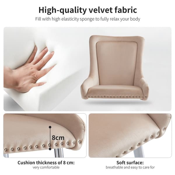 Beige högkvalitativa matstolar i sammet, 2 stolar, fåfänga stol, galvaniserade silverjärnben, unik design, justerbara ben