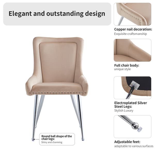 Beige högkvalitativa matstolar i sammet, 2 stolar, fåfänga stol, galvaniserade silverjärnben, unik design, justerbara ben