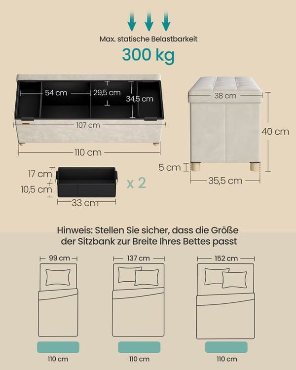 Säilytyspenkki, SONGMICS LSF0518W02, 38x110x40 cm, Beige