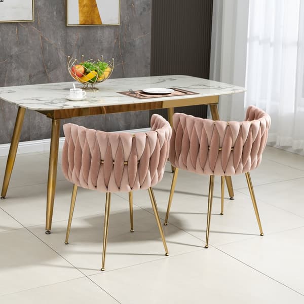 2-pack moderna sammetsstolar med guldfärgade metallben – elegant handvävd design och mjuka dynor för matsal, vardagsrum eller sovrum
