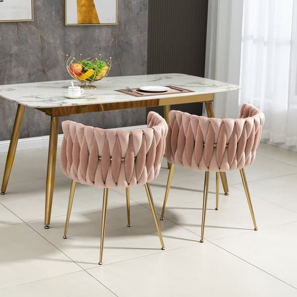 2-pack moderna sammetsstolar med guldfärgade metallben – elegant handvävd design och mjuka dynor för matsal, vardagsrum eller sovrum