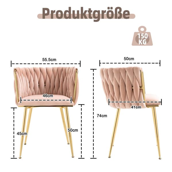 2-pack moderna sammetsstolar med guldfärgade metallben – elegant handvävd design och mjuka dynor för matsal, vardagsrum eller sovrum