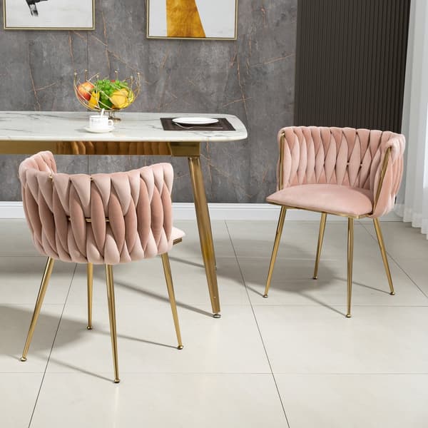 2-pack moderna sammetsstolar med guldfärgade metallben – elegant handvävd design och mjuka dynor för matsal, vardagsrum eller sovrum