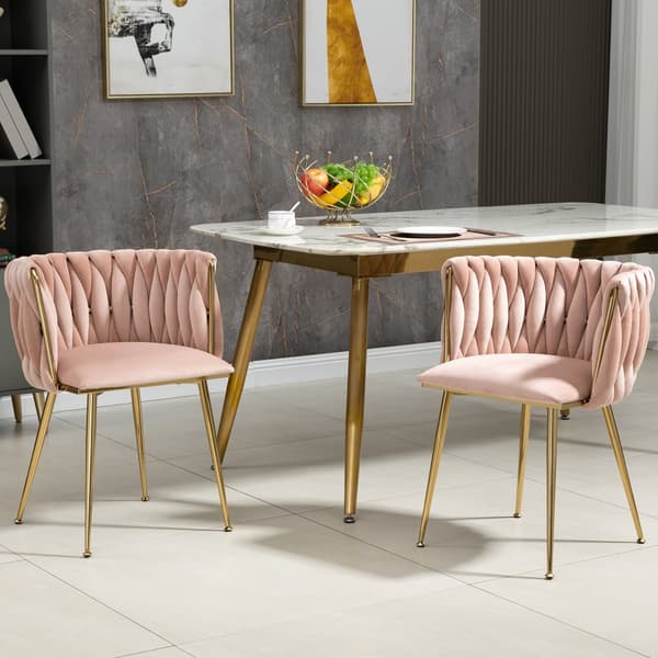 2-pack moderna sammetsstolar med guldfärgade metallben – elegant handvävd design och mjuka dynor för matsal, vardagsrum eller sovrum