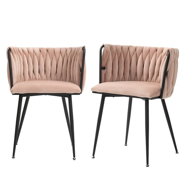 Modernt set med 2 sammetsstolar – elegant handvävt ryggstöd, guldfärgade metallben och mjuk sits