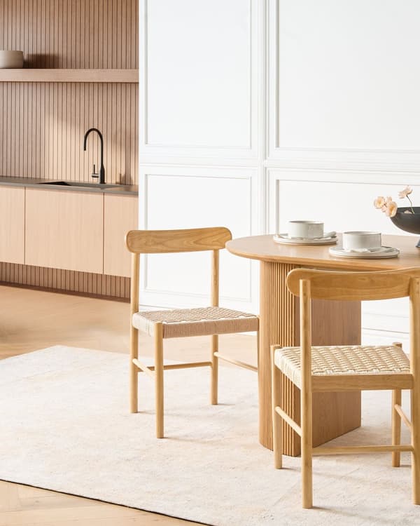 Sett med 2 Spisestoler Brunt og Beige Gummitre Ramme Papirsnor Seter Armløs Retro Stil Spisestue