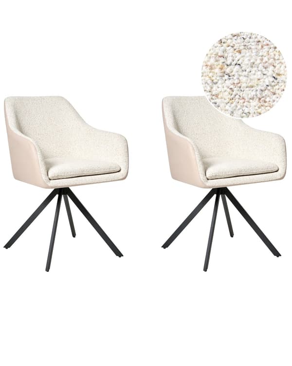 Sett med 2 Stoler i Lys Beige Boucle og Kunstskinn Metallben til Spisestue