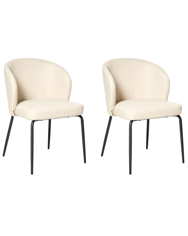 Sett med 2 Spisestoler Lysebeige Kunstskinn Polstret Sete Slanke Metallben