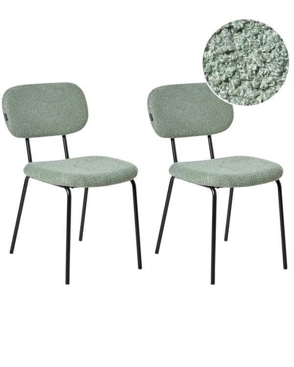 Sett med 2 Spisestuestoler Lys Grønn Boucle-trekk Svart Understell Jernramme Retro Design
