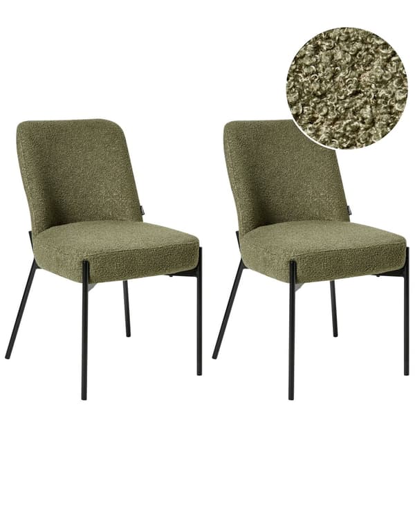 Sett med 2 Spisestuestoler Mørkegrønt Boucle-trekk Svart Understell Jernramme Retro Design