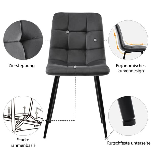 Spisebordsstole 4-pak – Mørkegrå velour med ryglæn og metalben – Elegante og komfortable stole til spisestue og stue