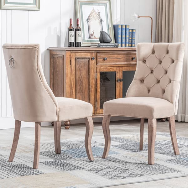 Stole 2-pak – Beige velour med høj ryg og knappolstring – Elegante spisebordsstole med massive træben til spisestue og stue