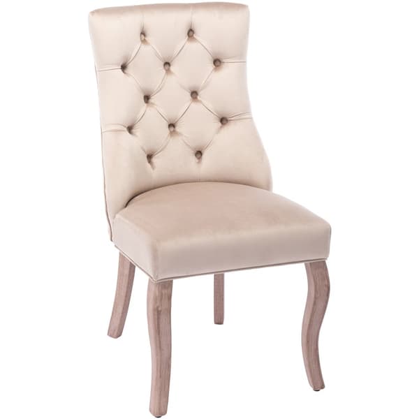 Stole 2-pak – Beige velour med høj ryg og knappolstring – Elegante spisebordsstole med massive træben til spisestue og stue