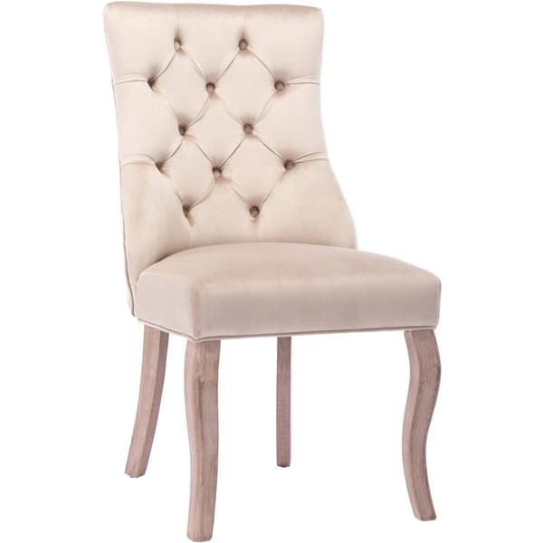 Stole 2-pak – Beige velour med høj ryg og knappolstring – Elegante spisebordsstole med massive træben til spisestue og stue