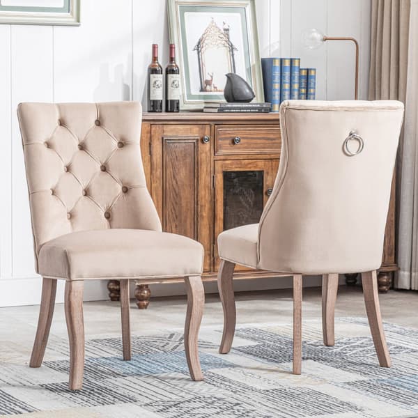Stole 2-pak – Beige velour med høj ryg og knappolstring – Elegante spisebordsstole med massive træben til spisestue og stue