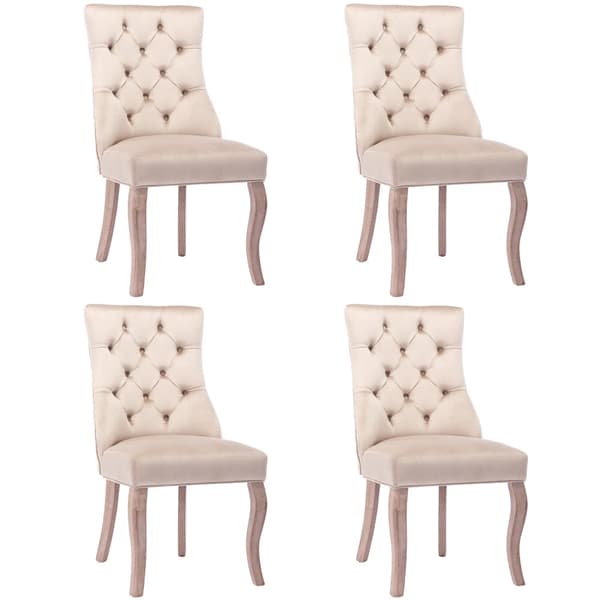 Matstolar 4-pack – Beige sammet med hög rygg och knappstoppning – Eleganta stolar med massiva träben