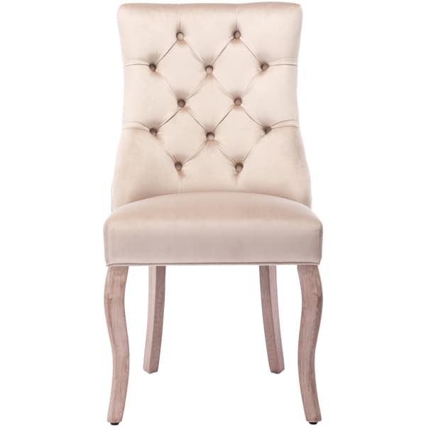 Matstolar 4-pack – Beige sammet med hög rygg och knappstoppning – Eleganta stolar med massiva träben