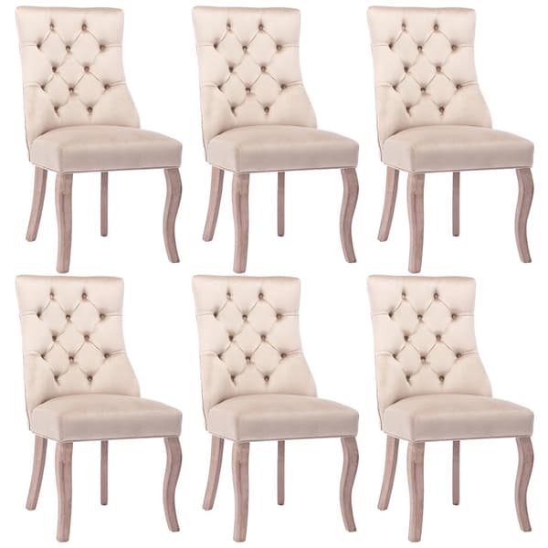 Spisebordsstole 6-pak – Beige velour med høj ryg og knappolstring – Elegante stole med massive træben