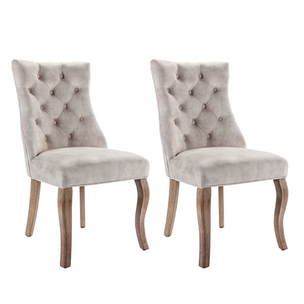 Stole 2-pak – Lys beige velour med høj ryg og knappolstring – Elegante spisebordsstole med massive træben
