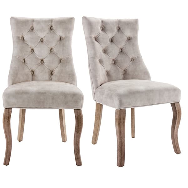 Stole 2-pak – Lys beige velour med høj ryg og knappolstring – Elegante spisebordsstole med massive træben