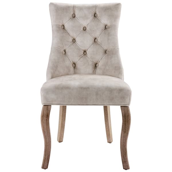Stole 2-pak – Lys beige velour med høj ryg og knappolstring – Elegante spisebordsstole med massive træben