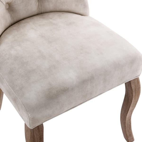 4-pak massive beige velourstole med høj ryg og knappolstring – Elegante spisebordsstole med ben i massivt træ