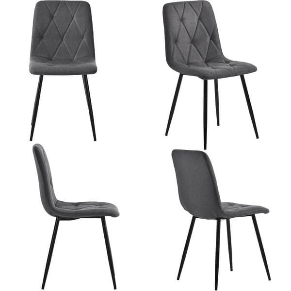 4-pack matstolar i mörkgrått twill-linne – stoppade stolar med ryggstöd och metallben