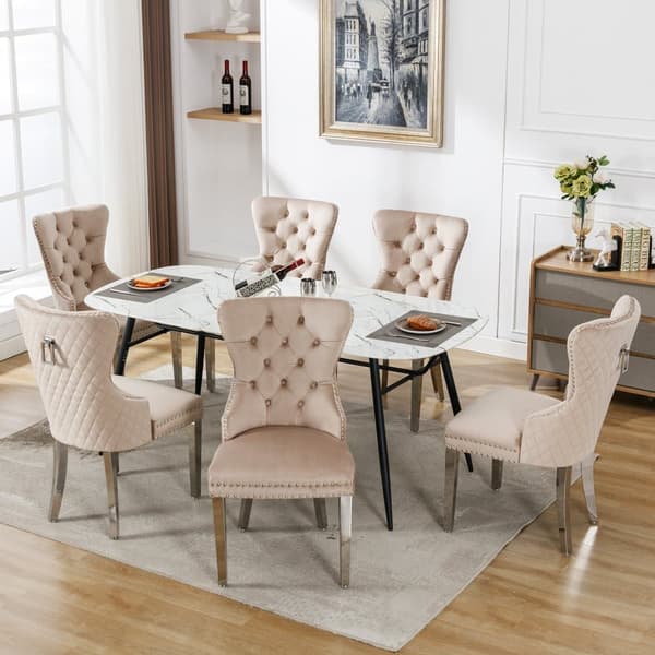 6-pak Beige Fløjlsstole med Ringhåndtag – Elegante spisebordsstole med nitter og metalben til spisestue, køkken eller stue