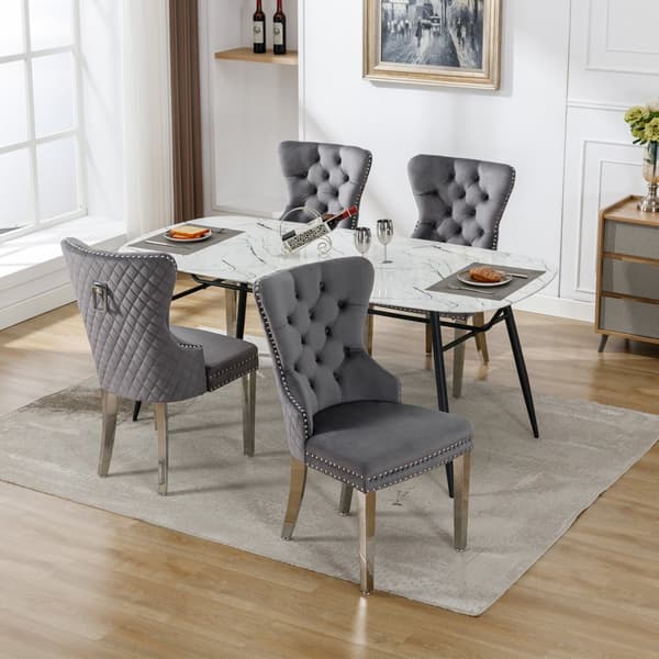 Matstolar i sammet med dörrkläpp-design på baksidan, 4-pack – Gråa stoppade stolar med nitar och metallben