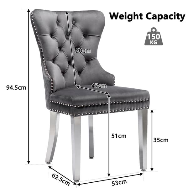 Matstolar i sammet med dörrkläpp-design på baksidan, 4-pack – Gråa stoppade stolar med nitar och metallben