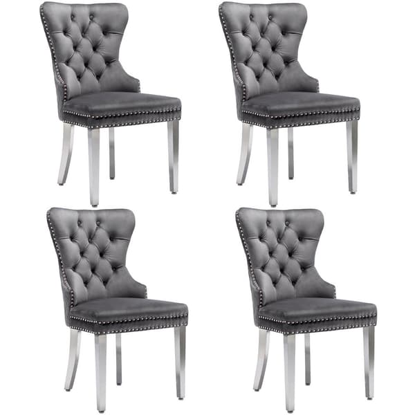 Matstolar i sammet med dörrkläpp-design på baksidan, 4-pack – Gråa stoppade stolar med nitar och metallben