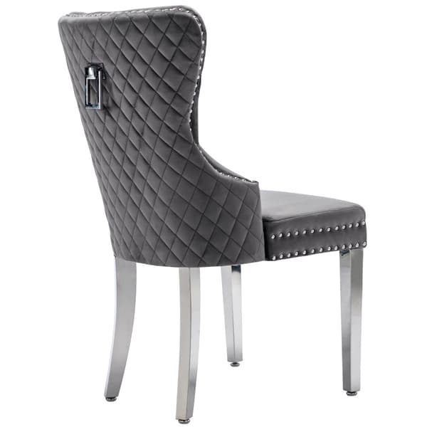 Matstolar i sammet med dörrkläpp-design på baksidan, 4-pack – Gråa stoppade stolar med nitar och metallben