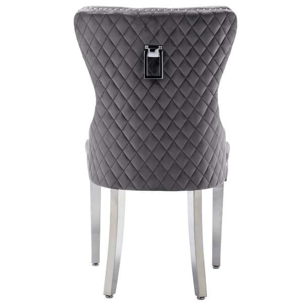 Matstolar i sammet med dörrkläpp-design på baksidan, 4-pack – Gråa stoppade stolar med nitar och metallben