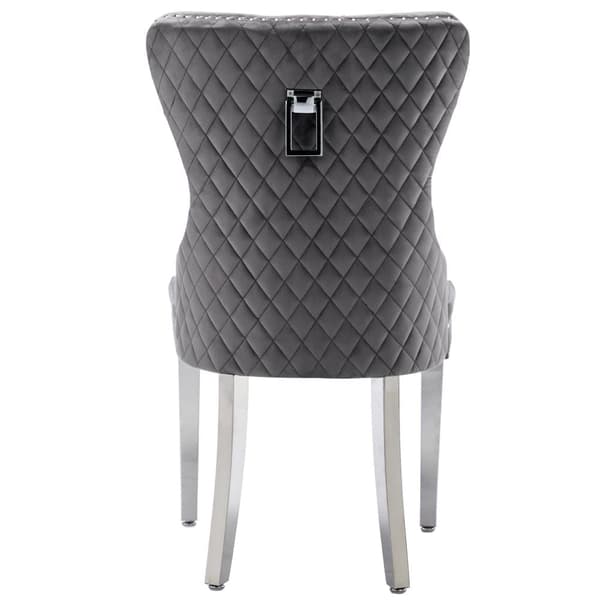 Matstolar i sammet med dörrkläpp-design på baksidan, 4-pack – Gråa stoppade stolar med nitar och metallben