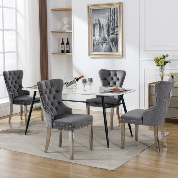 Matstolar i sammet med dörrkläpp-design på baksidan, 4-pack – Gråa stoppade stolar med nitar och metallben