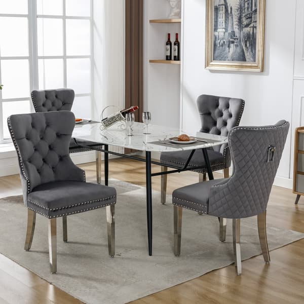 Matstolar i sammet med dörrkläpp-design på baksidan, 4-pack – Gråa stoppade stolar med nitar och metallben