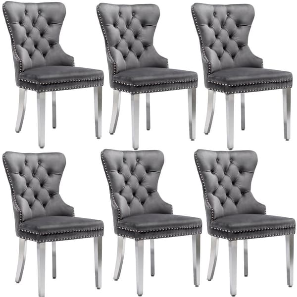 6-pack grå sammetsstolar med dörrkläpp-design – Eleganta matstolar med nitar och metallben, stoppade stolar för kök, matsal eller vardagsrum