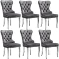 Miniatyrbild 5 av 11: 6-pack grå sammetsstolar med dörrkläpp-design – Eleganta matstolar med nitar och metallben, stoppade stolar för kök, matsal eller vardagsrum