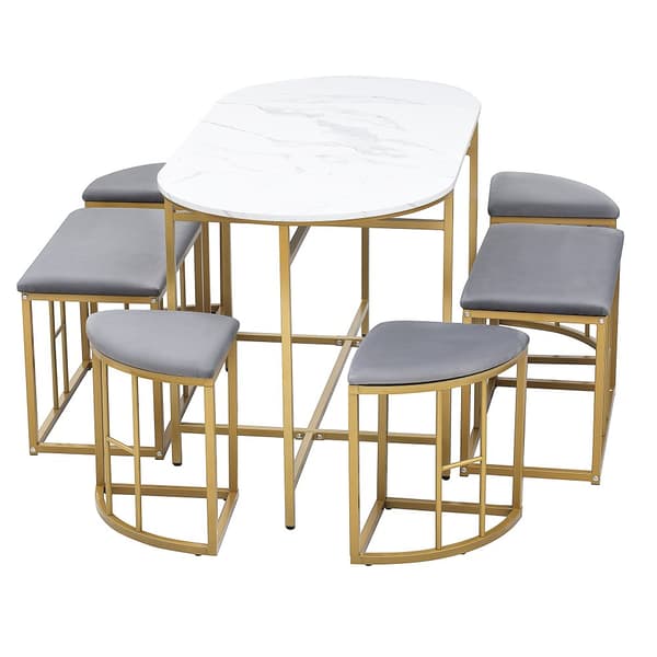 Matgrupp med bord och 6 pallar – Modernt köksbordset i vit och guld med stålram, 1 bord (140×70×76 cm), 4 små och 2 stora pallar