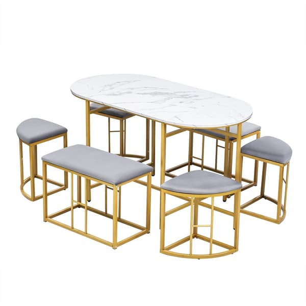 Matgrupp med bord och 6 pallar – Modernt köksbordset i vit och guld med stålram, 1 bord (140×70×76 cm), 4 små och 2 stora pallar