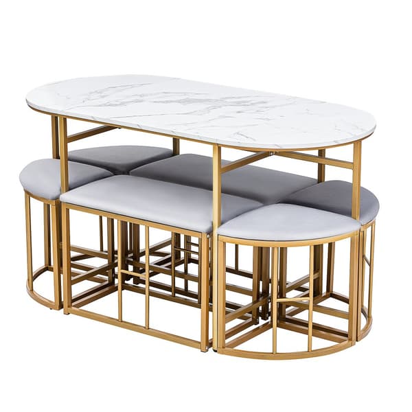 Matgrupp med bord och 6 pallar – Modernt köksbordset i vit och guld med stålram, 1 bord (140×70×76 cm), 4 små och 2 stora pallar