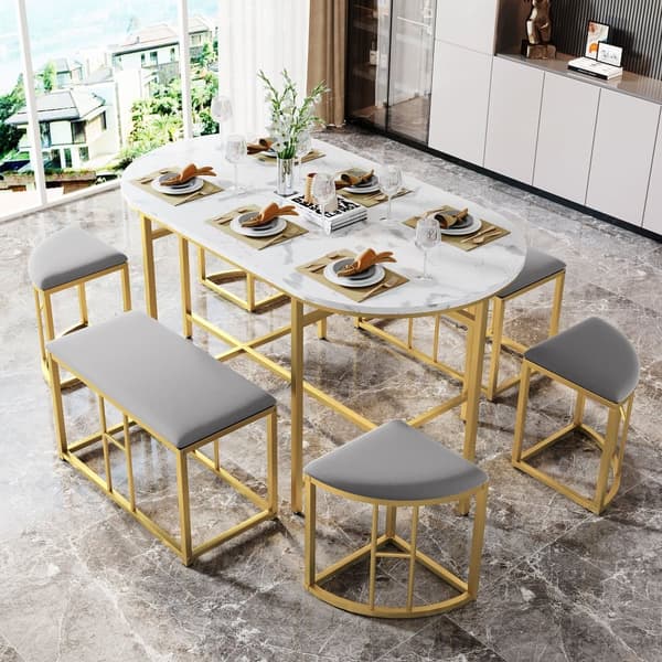 Matgrupp med bord och 6 pallar – Modernt köksbordset i vit och guld med stålram, 1 bord (140×70×76 cm), 4 små och 2 stora pallar
