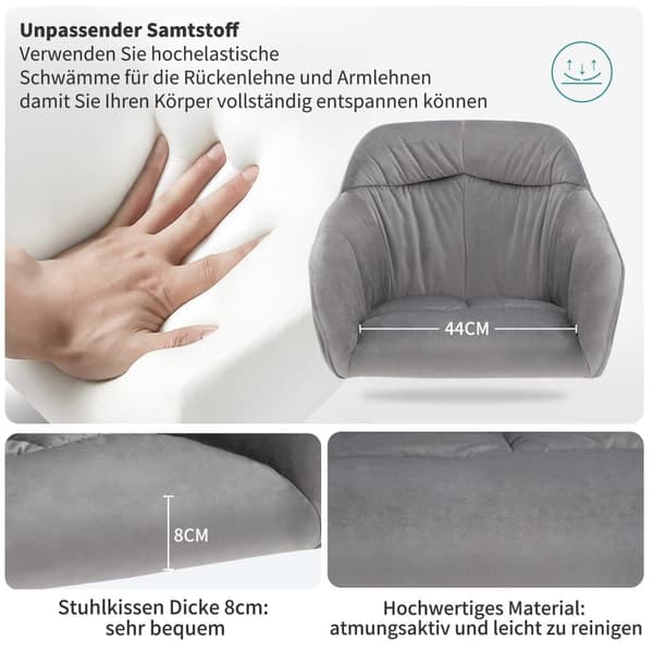 2-pack sammetsstolar med armstöd – Grå stoppade matstolar med metallben och justerbara framben