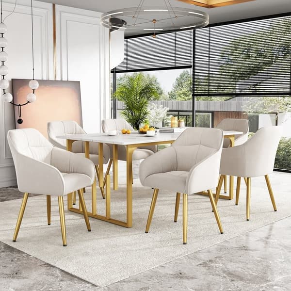 6-pak beige fløjlsstole med armlæn – Elegante spisebordsstole med ryglæn, metalben og justerbare forben